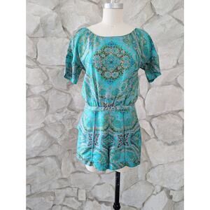 Vintage J. Crew Paisley Print Blue & Green Silk Romper